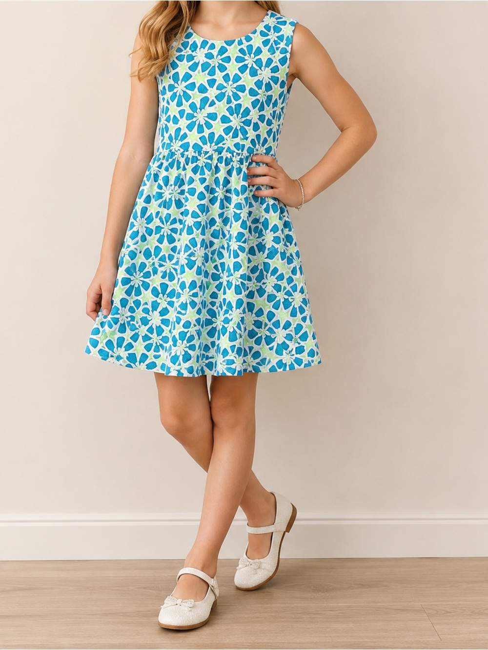 Justice Girls Size 12 Blue Green Floral Lace Fit Flare Sleeveless Dress